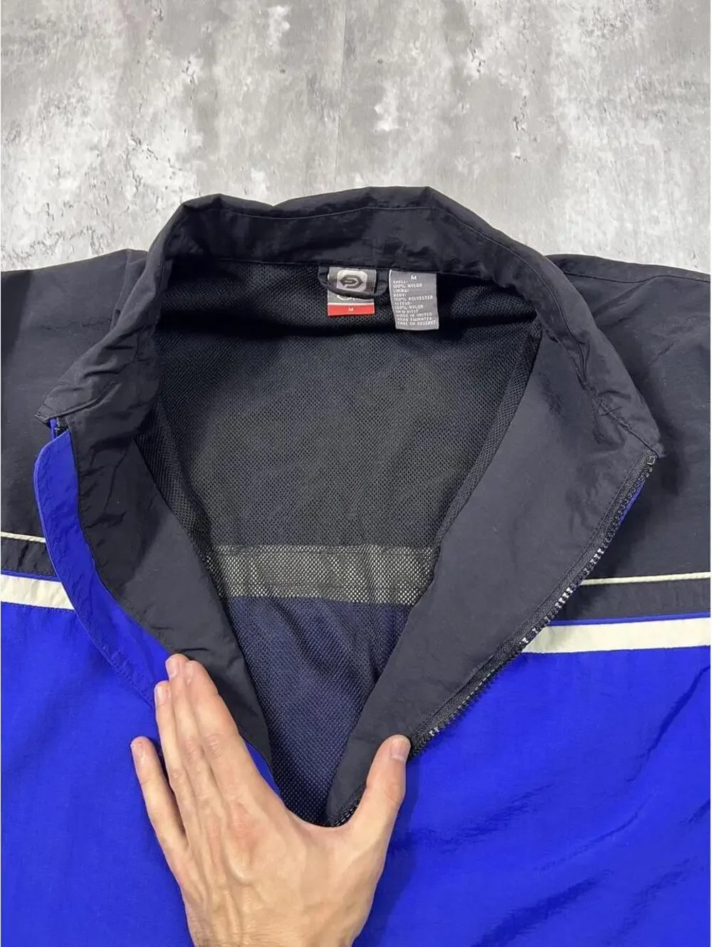 Y2K Color Block Windbreaker Jacket Blue Black Lightweight Full Zip Ocean Pacific